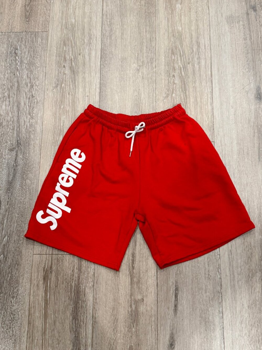 Supreme Vertical Text Drawstring Sweat Shorts – Red